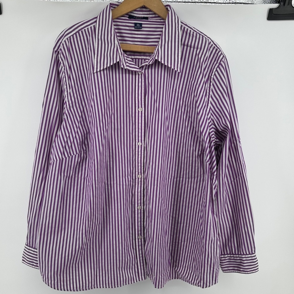 Chaps Button Down Shirt Purple Exc. Striped Cotton Long Sleeve Plus 3X Casual